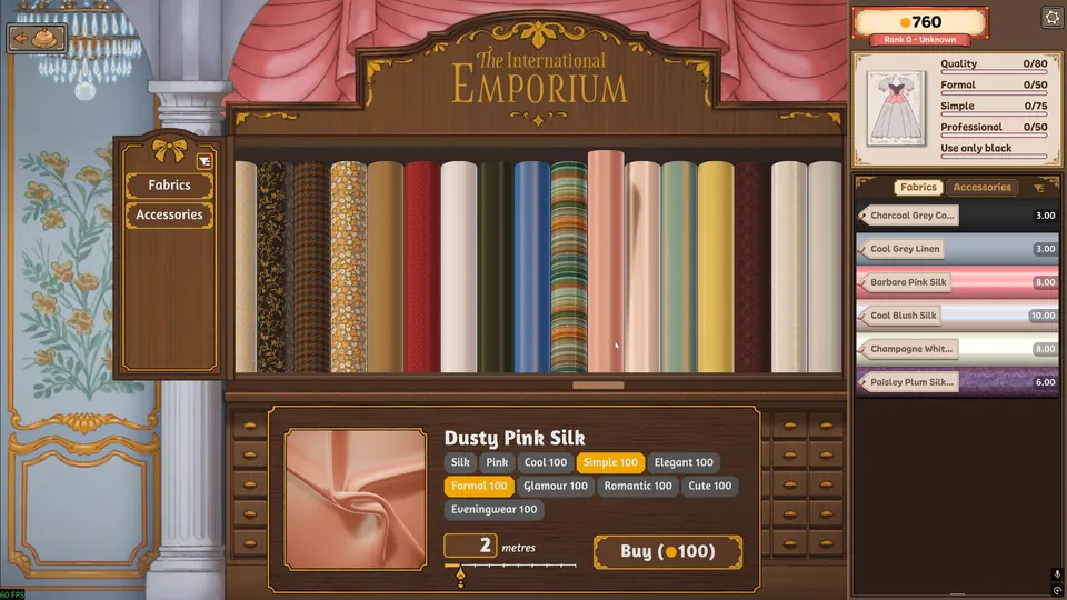 Fabric bolts in the Dressmaker emporium (Steam screenshot)