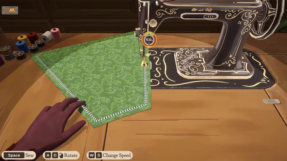 The Dressmaker sewing machine stitching a dress panel (Steam screenshot)