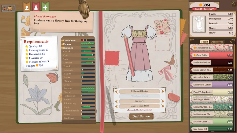 Dressmaker sketchbook with a dress pattern and fabric swatches (Steam screenshot)